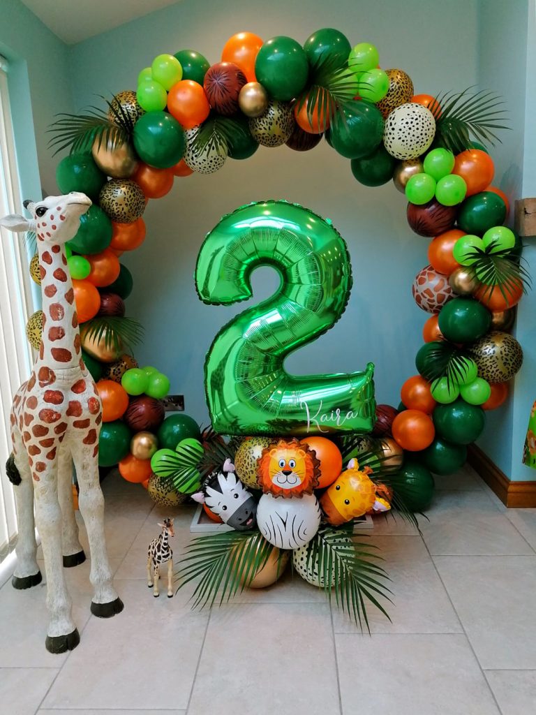 Jungle theme balloon display with number and hoop