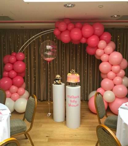 Moongate balloon display for baby shower at Moddershall Oaks