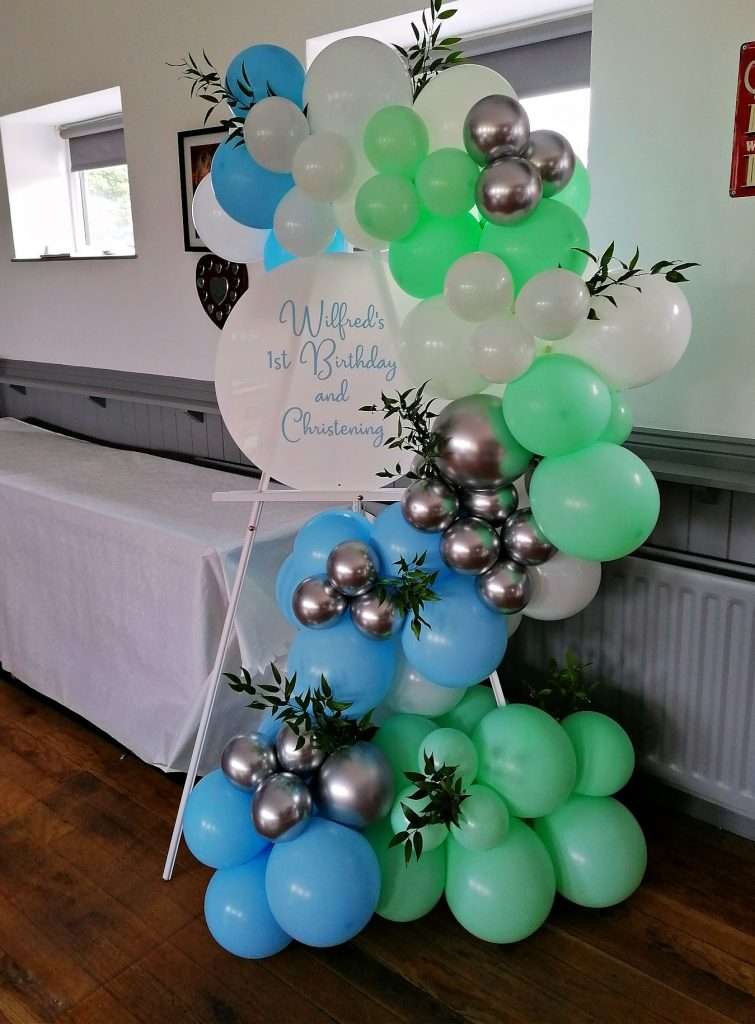 Balloon easel with foliage for Christening in Gnosall