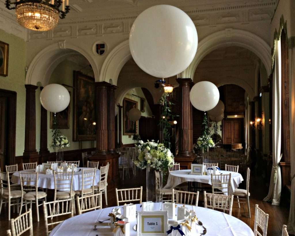 Giant white balloon centre pieces at Sandon Hall wedding venue, Stafford