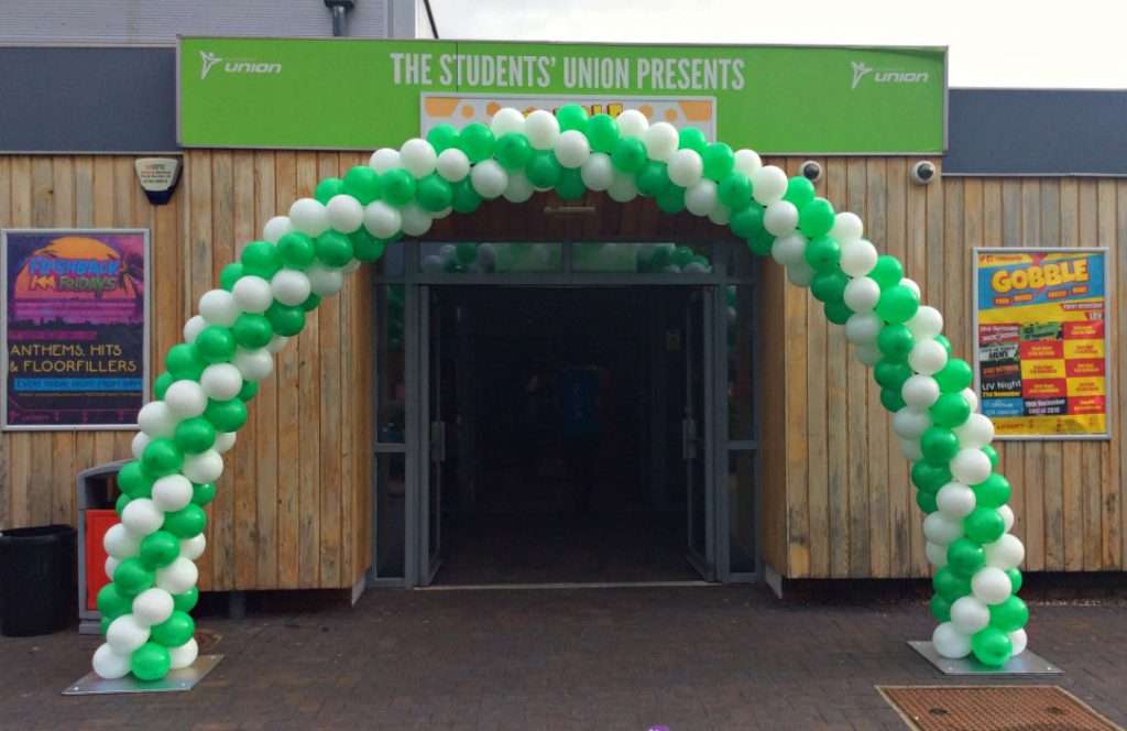 Balloon arch outside the Student's Union at Staffordshire University