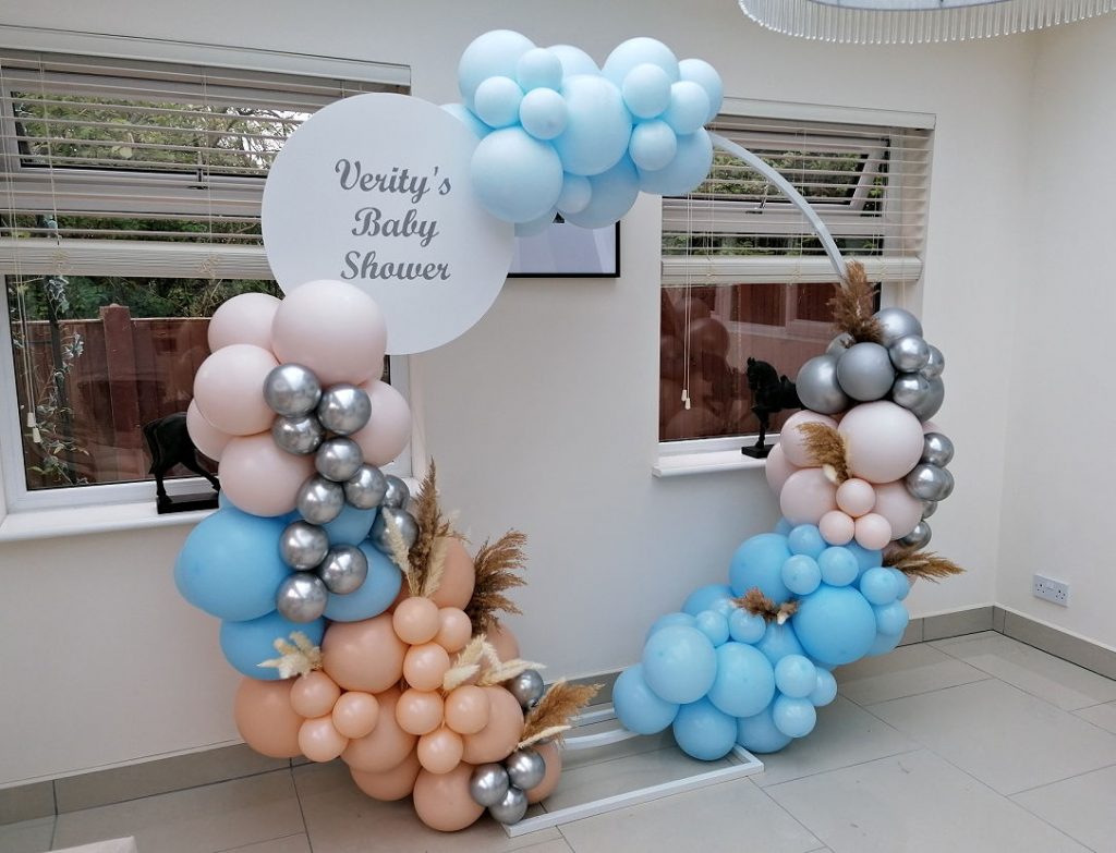 Baby shower balloon hoop with personalised sign